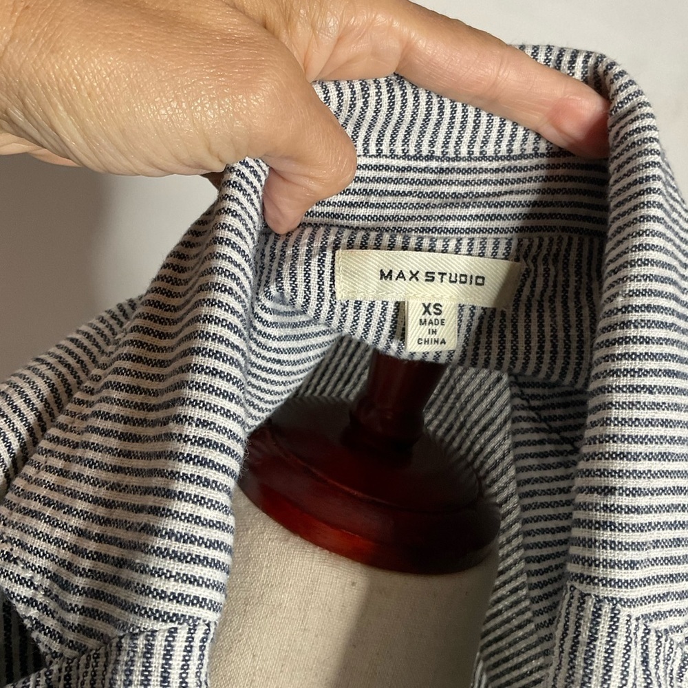Max Studio Blue Stripe Linen Blend Ruched Sleeve Notch Collar Blazer Size XSmall - Picture 7 of 9